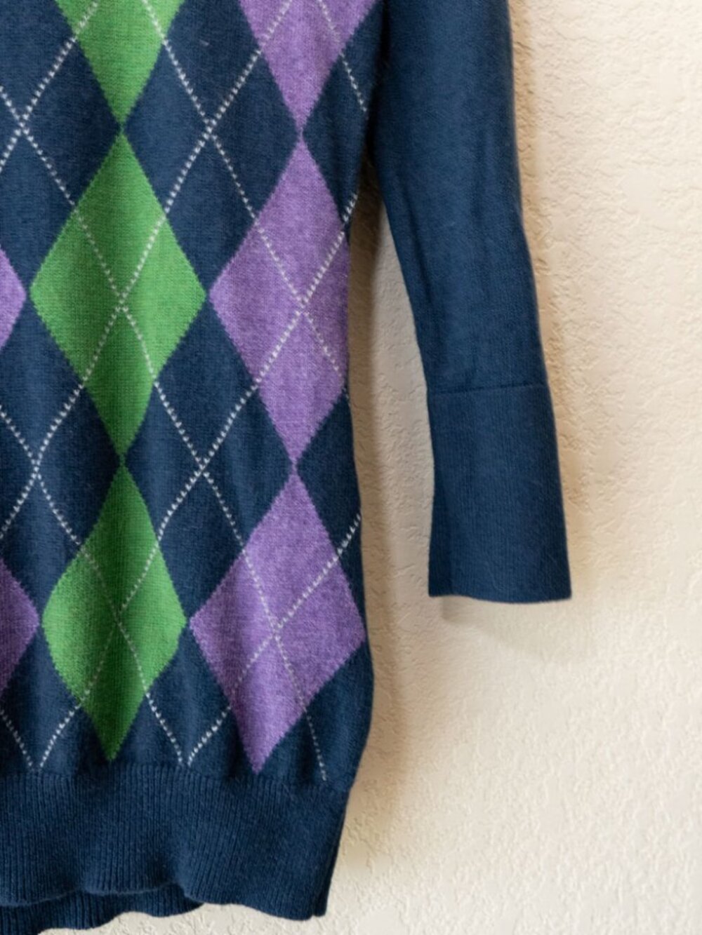 Banana Republic Argyle Sweater XS Navy Blue Angora Rabbit Blend 3/4Sleeve Preppy - Picture 7 of 14